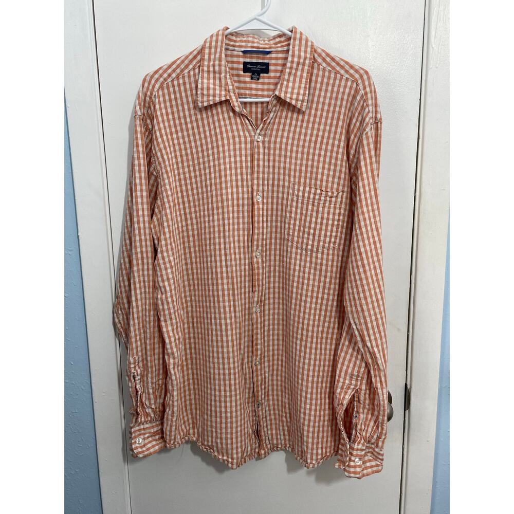 Linea Rosso Shirt XL Linen Blend Orange Check Country Club Summer Beachy